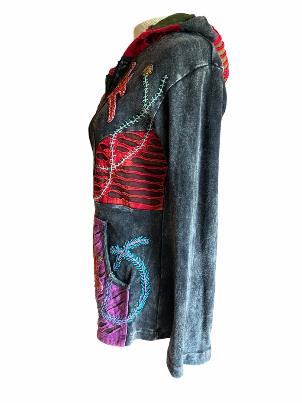 Boho Embroidered Hooded Jacket - Charcoal with Red & Purple - Picture 2 of 4